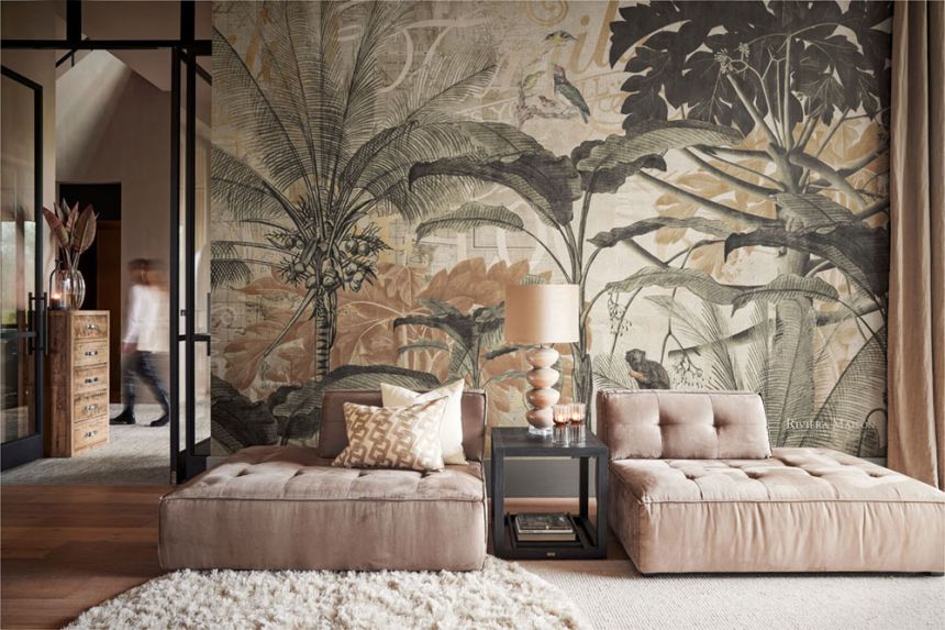 Luxusní vliesová obrazová tapeta s palmami a opicemi 300394 DG, 450x280cm, Riviera Maison 3, BN Walls