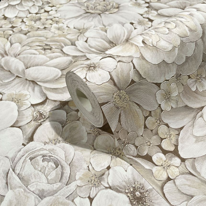 Luxusná sivo-béžová vliesová tapeta kvety 33951, Botanica, Marburg