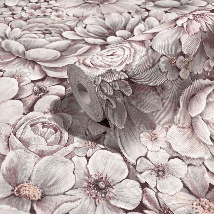 Luxusná sivo-ružová vliesová tapeta kvety 33954, Botanica, Marburg