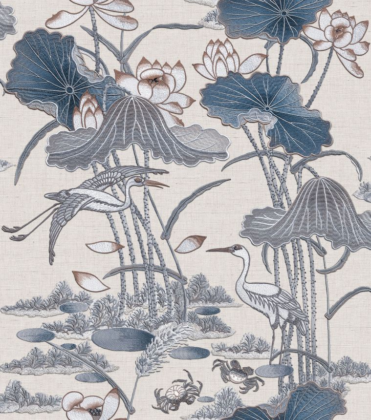 Luxusné sivo-modrá vliesová tapeta s leknami a vtákmi, TP422702, Tapestry, Design ID