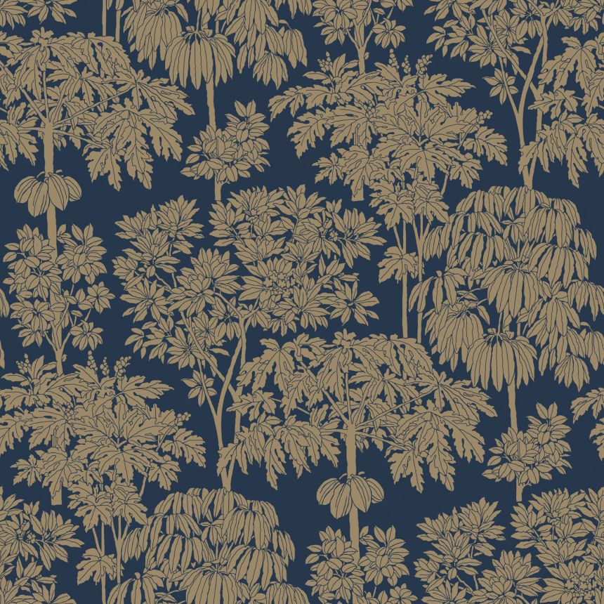 Modrá vliesová tapeta so zlatými stromami, A63404, Ciara, Grandeco