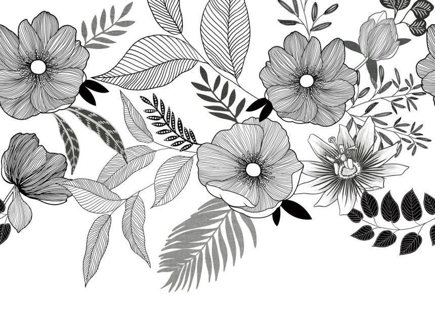 Čiernobiela vliesová fototapeta s kvetinami, ML6701, Mural Young Edition, Grandeco