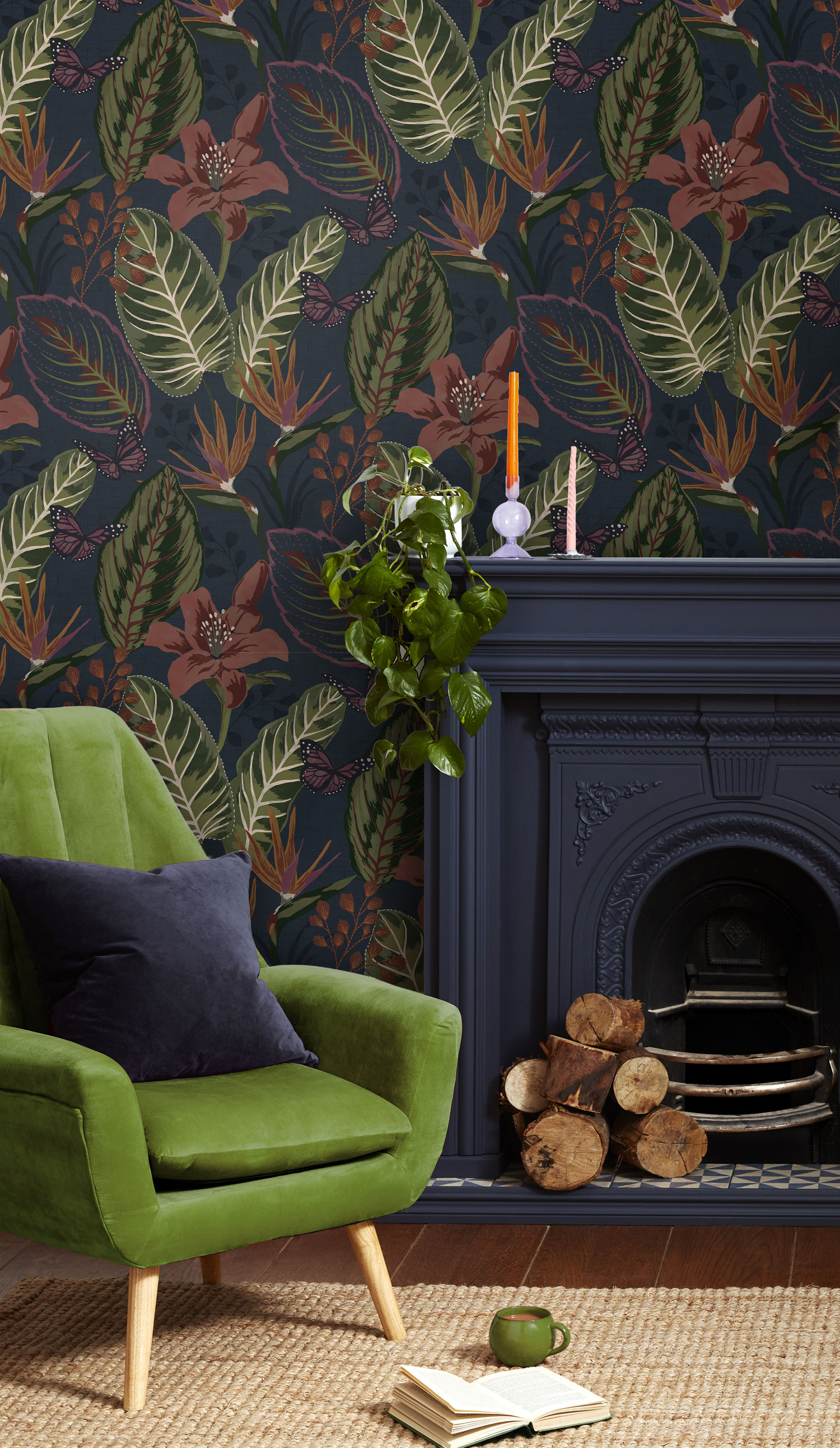 Modrá vliesová tapeta s kvetinami, listami a motýľmi, 118608, Envy