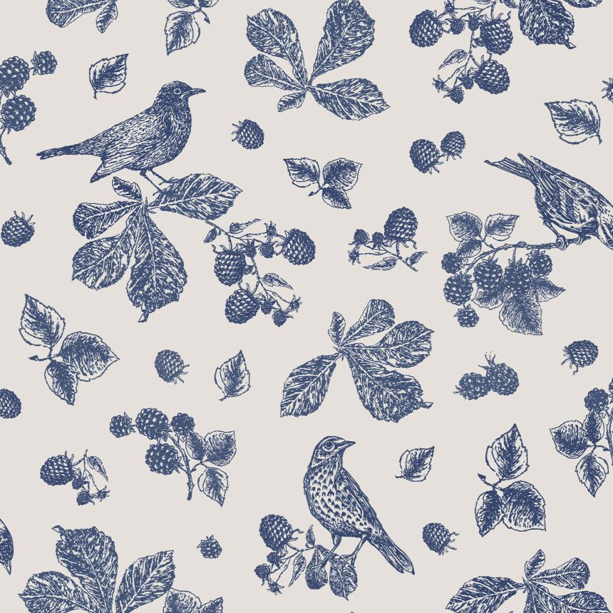 Modro-biela vliesová tapeta, vtáky, rastliny, listy, 120881, Joules, Graham&Brown