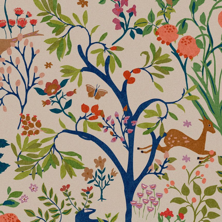 Béžová vliesová tapeta, kvety, vetvičky, zvieratá, vtáky, 120871, Joules, Graham&Brown