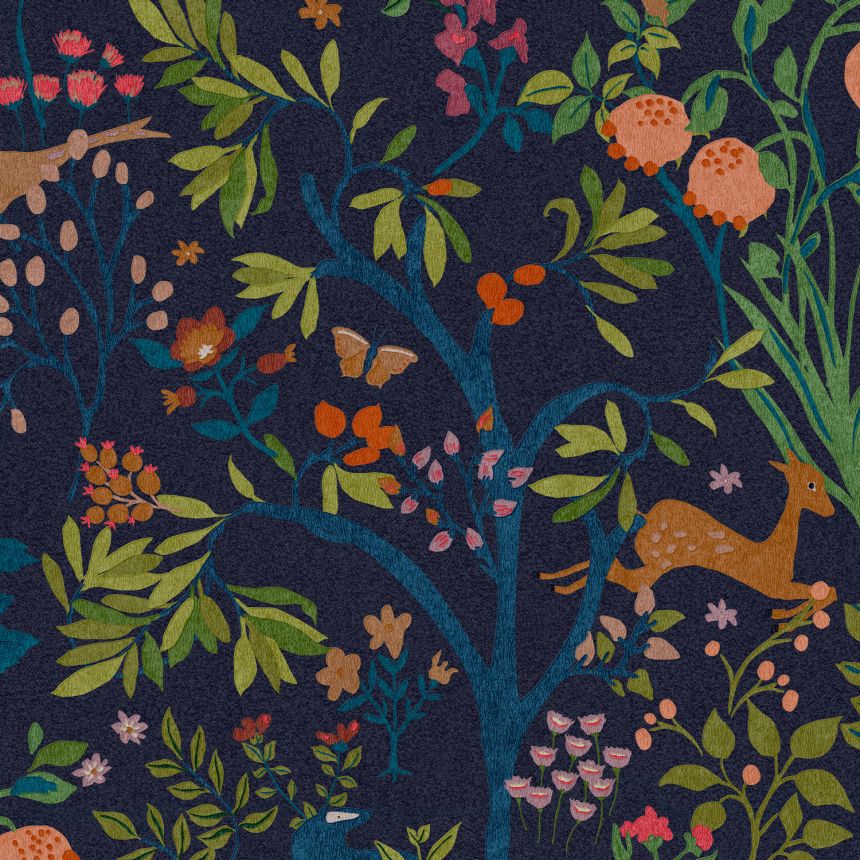 Modrá vliesová tapeta, kvety, vetvičky, zvieratá, vtáky, 120872, Joules, Graham&Brown