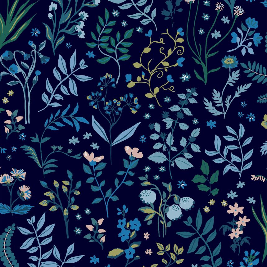 Modrá vliesová tapeta na stenu, kvety, listy, 120874, Joules, Graham&Brown