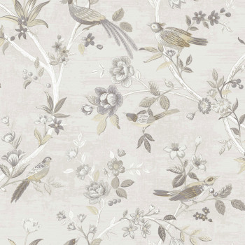 Sivo-béžová vliesová tapeta s kvetinami a vtáčikmi, 28841, Thema, Cristiana Masi by Parato
