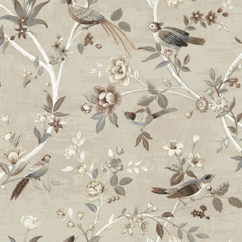Hnedo-béžová vliesová tapeta s kvetinami a vtáčikmi, 28843, Thema, Cristiana Masi by Parato