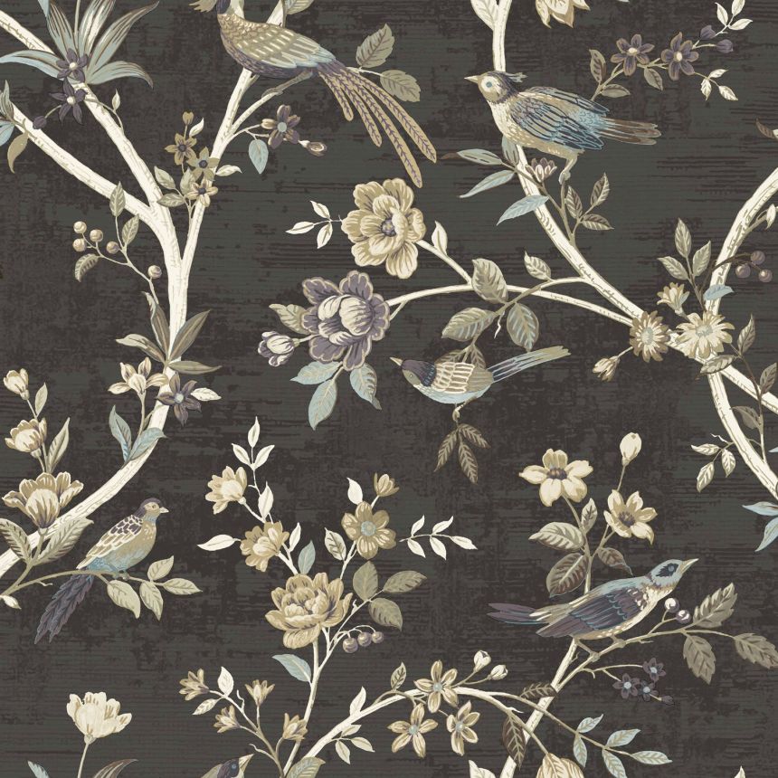 Čierna vliesová tapeta s kvetinami a vtáčikmi, 28847, Thema, Cristiana Masi by Parato