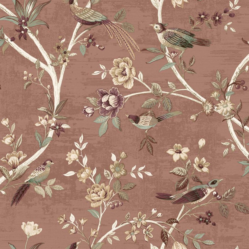 Staroružová vliesová tapeta s kvetinami a vtáčikmi, 28848, Thema, Cristiana Masi by Parato