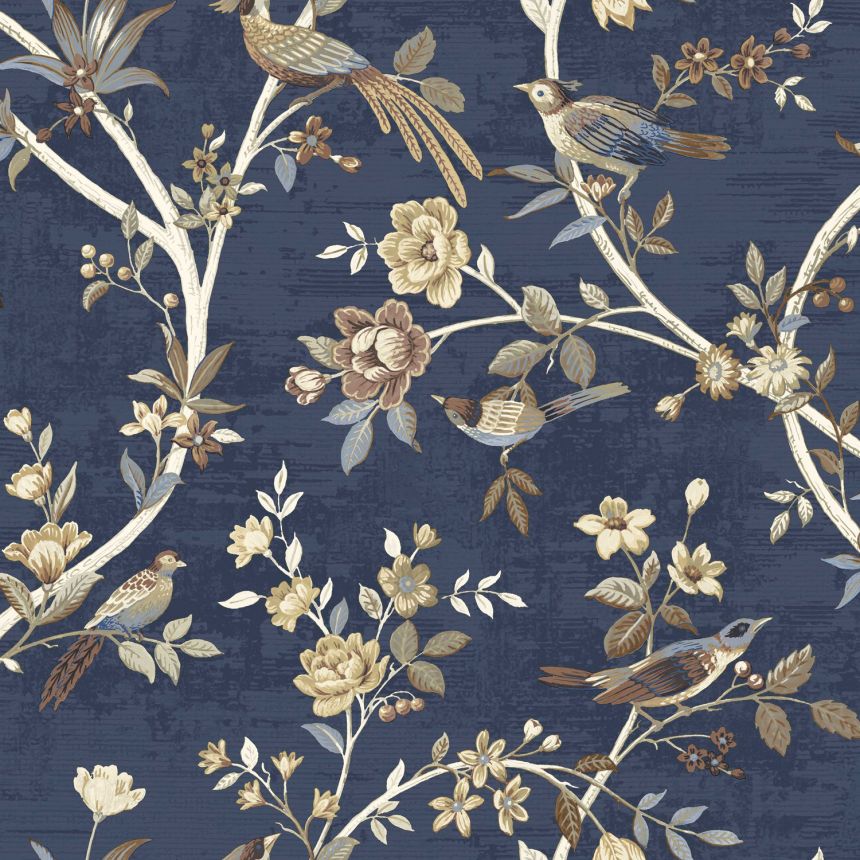 Modrá vliesová tapeta s kvetinami a vtáčikmi, 28849, Thema, Cristiana Masi by Parato