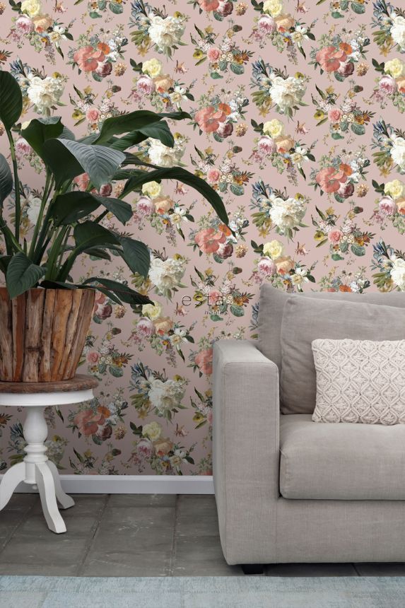 Ružová vliesová kvetinová tapeta na stenu, 139367, Vintage Flowers, Esta Home