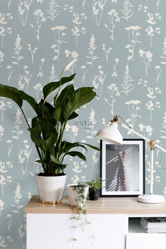 Modrá vliesová tapeta, kvety, listy, 139394, Vintage Flowers, Esta Home