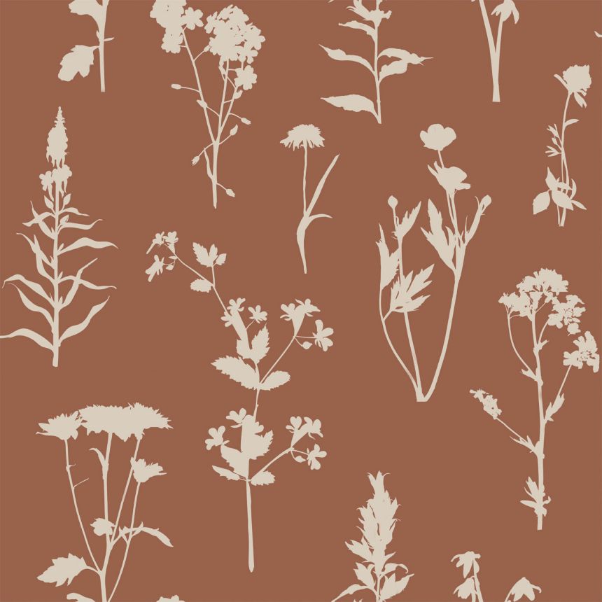 Terakota/ hnedá vliesová tapeta, kvety, listy, 139396, Vintage Flowers, Esta Home