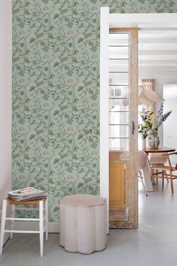 Sivo-modrá vliesová kvetinová tapeta na stenu, 139413, Vintage Flowers, Esta Home