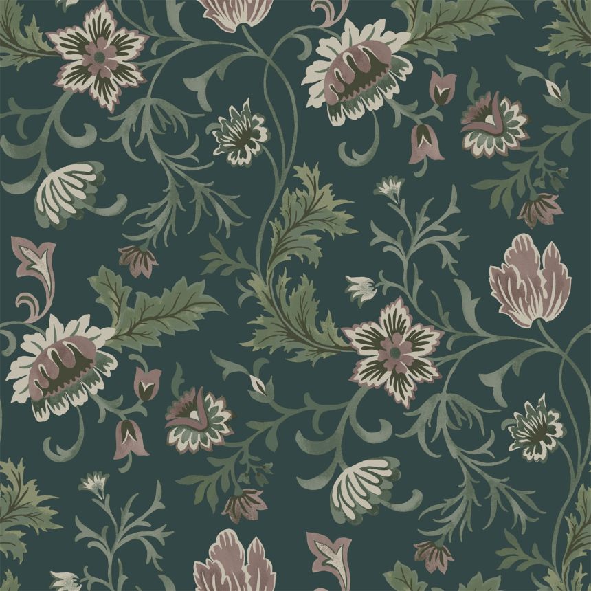 Zelená vliesová kvetinová tapeta na stenu, 139415, Vintage Flowers, Esta Home