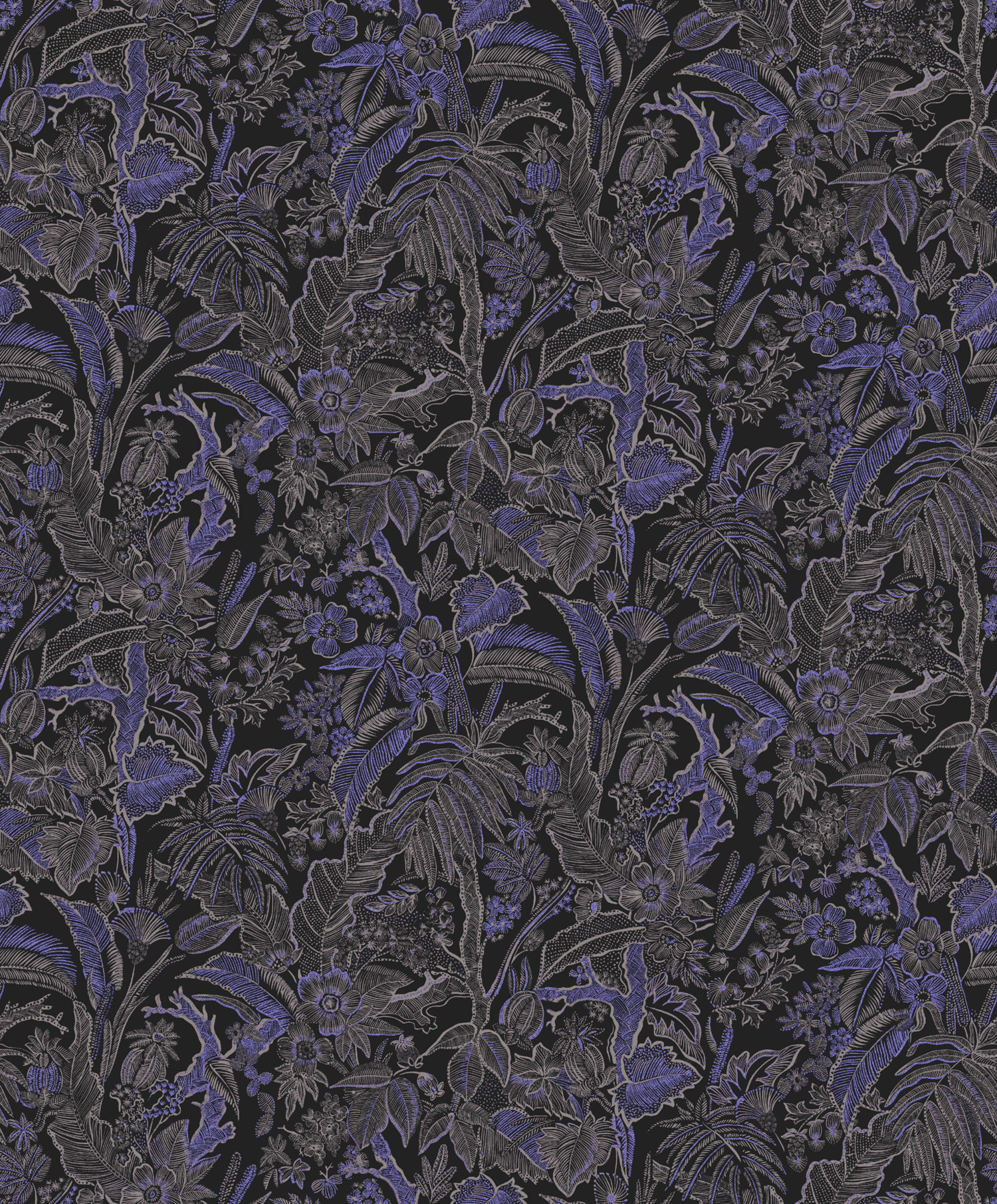 Čierno-modrá vliesová tapeta s kvetinami a listami, SUM503, Summer, Khroma by Masureel