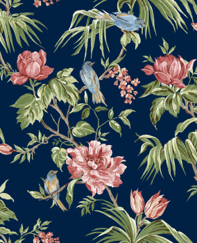 Romantická modrá vliesová tapeta s kvetmi a vtáčikmi, 118256, Next