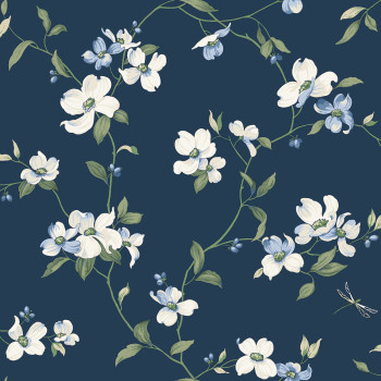 Modrá vliesová tapeta s kvetinami a vážkami, BL1761, Blooms Second Edition Resource Library, York