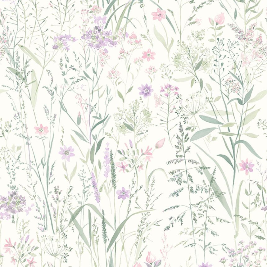 Biela vliesová tapeta na stenu, lúčne kvety a trávy, UR3319, Universe 4, Grandeco