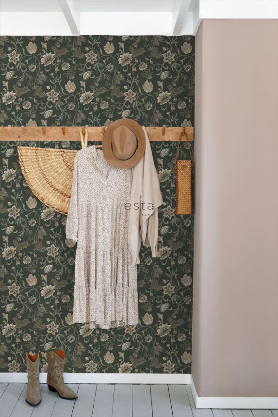 Kvetinová vliesová tapeta na stenu, čierna, 139417, Bloom, Esta Home