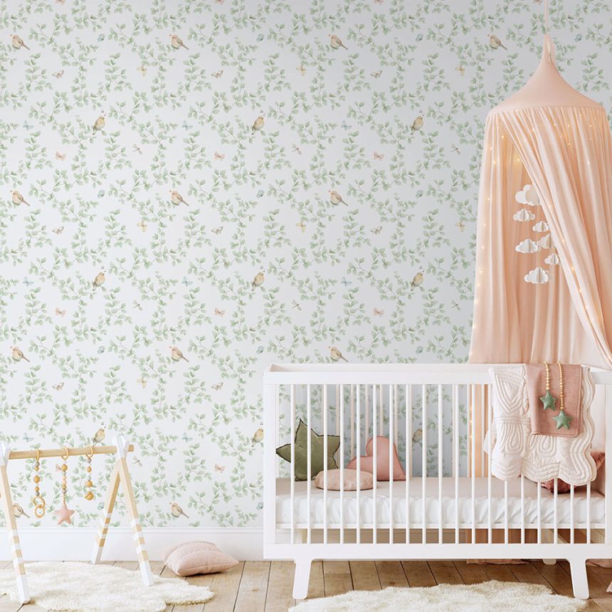Detská vliesová tapeta na stenu, zelená, vtáčiky, 284-3, Enzo,  ICH Wallcoverings
