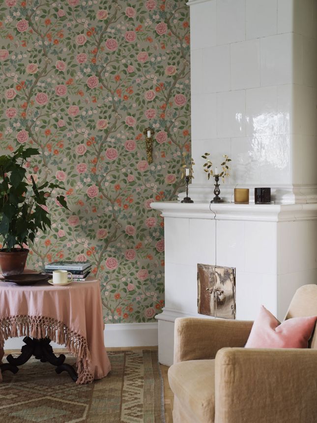 Tapeta, hnedo-zelená, kvety, kamélie, 5729, Orangeri, Boråstapeter