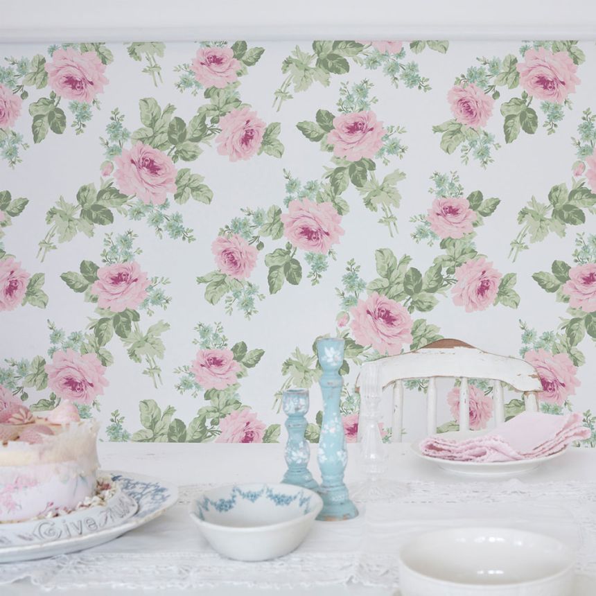 Tapeta, ružovo-zelená, kvety, 125111, Shabby Chic by Rachel Ashwell