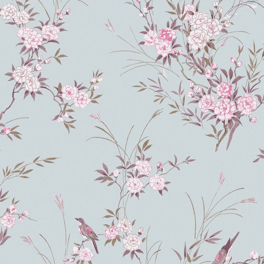 Tapeta, modrá, kvety, vtáčiky, 125119, Shabby Chic by Rachel Ashwell