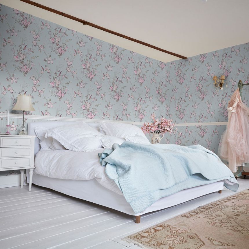 Tapeta, modrá, kvety, vtáčiky, 125119, Shabby Chic by Rachel Ashwell
