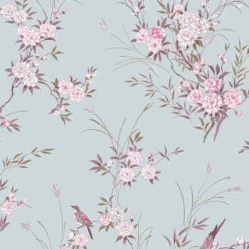 Tapeta, modrá, kvety, vtáčiky, 125119, Shabby Chic by Rachel Ashwell
