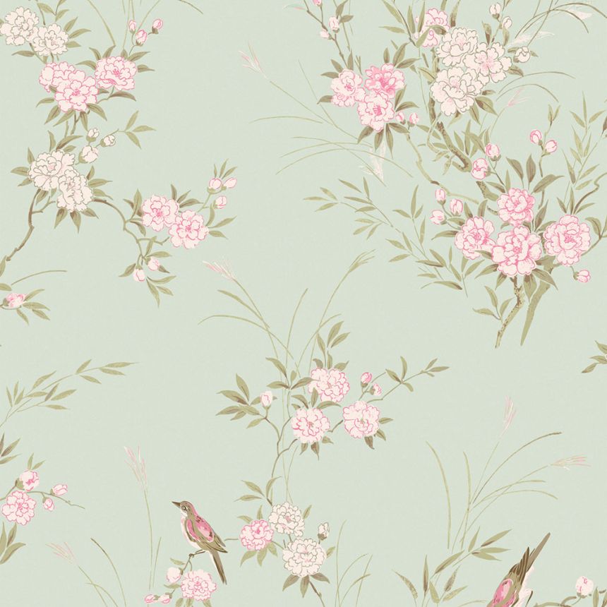 Tapeta, zelená, kvety, vtáčiky, 125120, Shabby Chic by Rachel Ashwell