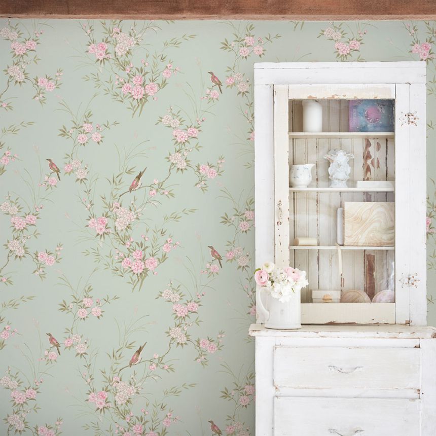 Tapeta, zelená, kvety, vtáčiky, 125120, Shabby Chic by Rachel Ashwell