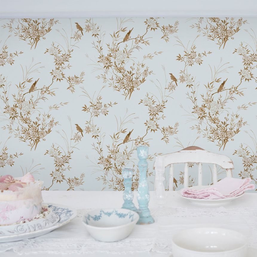 Tapeta, modrá, kvety, vtáčiky, 125121, Shabby Chic by Rachel Ashwell