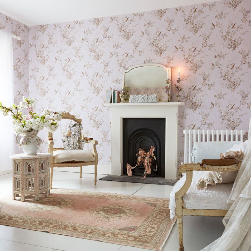 Tapeta, ružová, kvety, vtáčiky, 125122, Shabby Chic by Rachel Ashwell