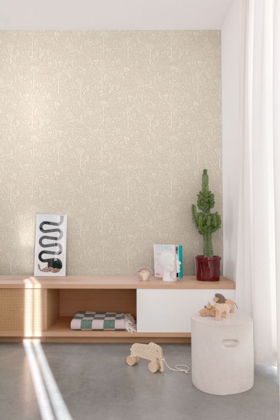 Tapeta, sivo-béžová, zvieratká v lese, LD3403, Little Dreamers, Grandeco
