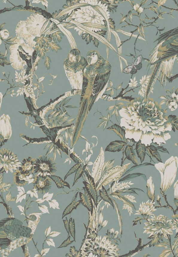 Tapeta, tyrkysovo-zlatá, vtáky, kvety, vetvičky, 127910, Arboretum, Graham Brown Premium