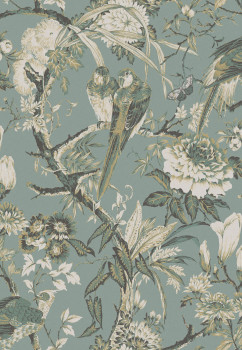 Tapeta, tyrkysovo-zlatá, vtáky, kvety, vetvičky, 127910, Arboretum, Graham Brown Premium