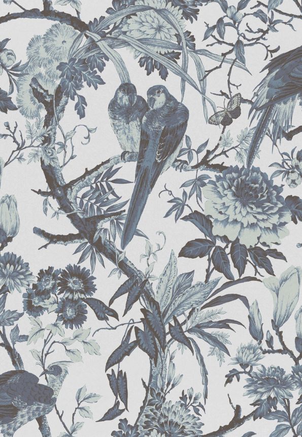 Tapeta, modro-strieborná, vtáky, kvety, vetvičky, 127909, Arboretum, Graham Brown Premium
