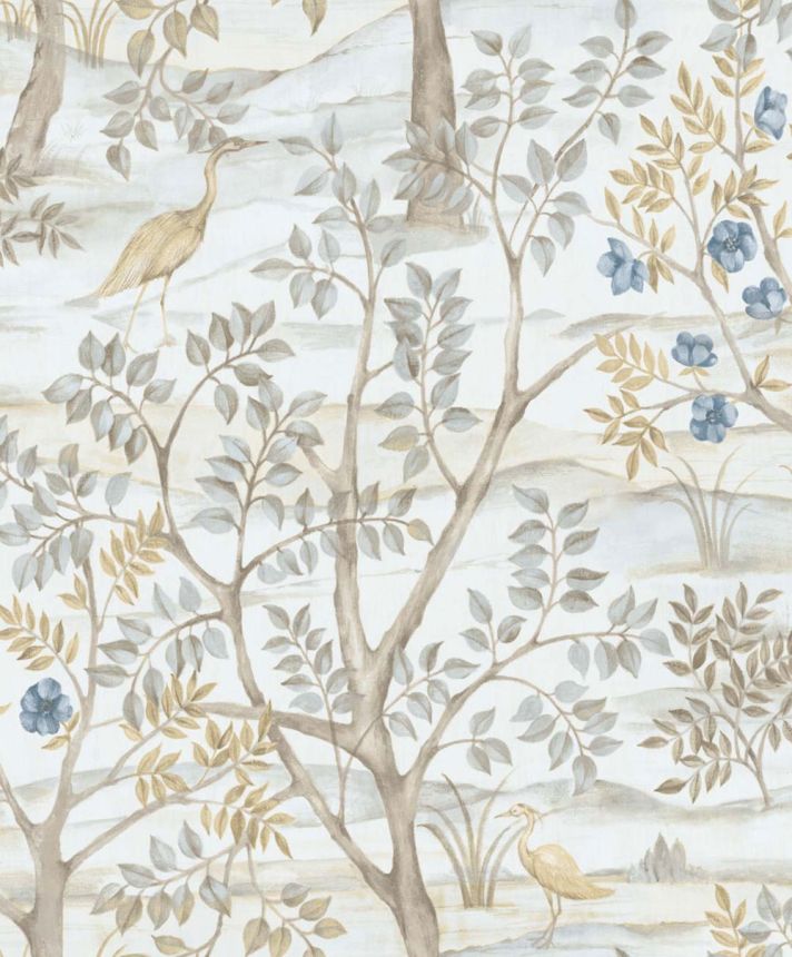 Tapeta, modrá, stromy, vtáky, 8316, Blooming Garden 2, Parato by Cristiana Masi