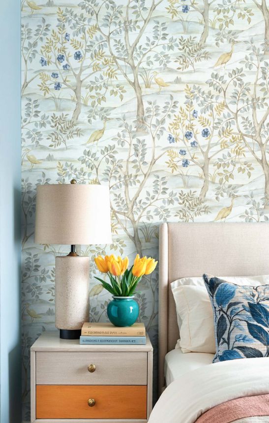 Tapeta, modrá, stromy, vtáky, 8316, Blooming Garden 2, Parato by Cristiana Masi