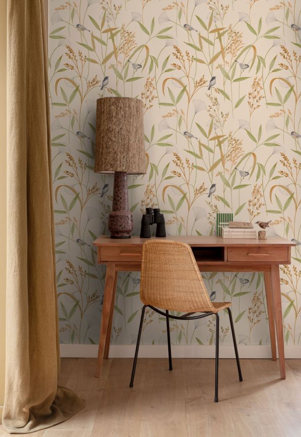 Tapeta, béžovozelená, lúčne trávy, vtáčiky, A83501, Inia, Grandeco