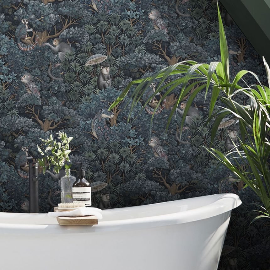 Tapeta, modrá, listy, opice, 142313, Jaipur, Graham Brown Premium