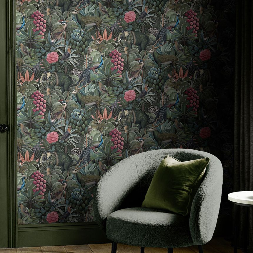 Tapeta, zeleno-modrá, džungľa, zvieratá, 142317, Jaipur, Graham Brown Premium