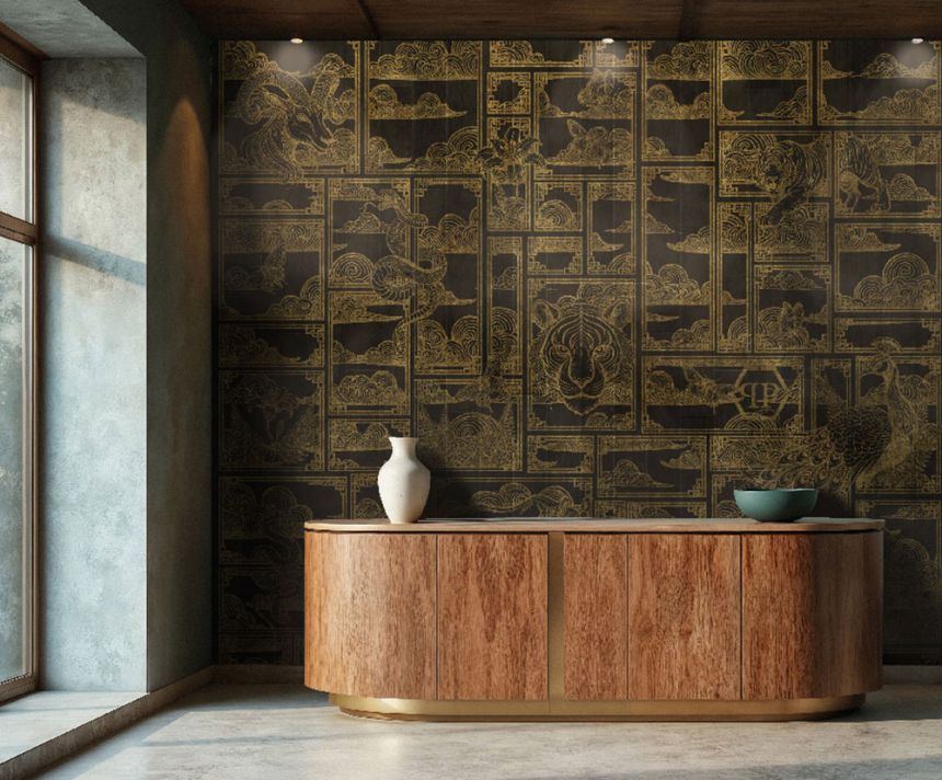 Obrazová tapeta, čierna, zlatá, tiger, obrázky, Z81064, 3x3 m, Philipp Plein 2, Zambaiti Parati