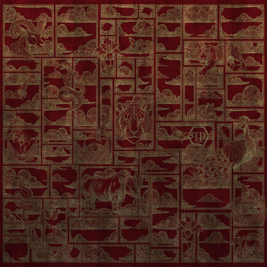 Obrazová tapeta, červená, zlatá, tiger, obrázky, Z81066, 3x3 m, Philipp Plein 2, Zambaiti Parati