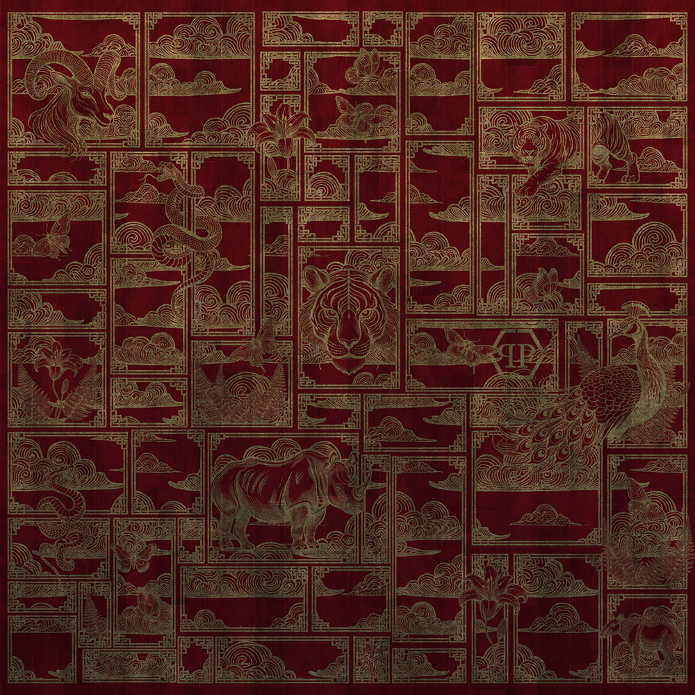 Obrazová tapeta, červená, zlatá, tiger, obrázky, Z81066, 3x3 m, Philipp Plein 2, Zambaiti Parati