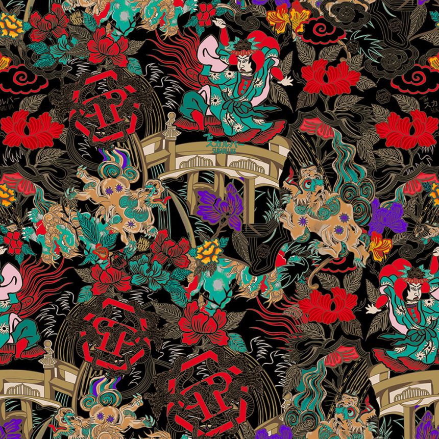 Obrazová tapeta, čierna, červená, postavy, kvety, Z81079, 2x3 m, Philipp Plein 2, Zambaiti Parati