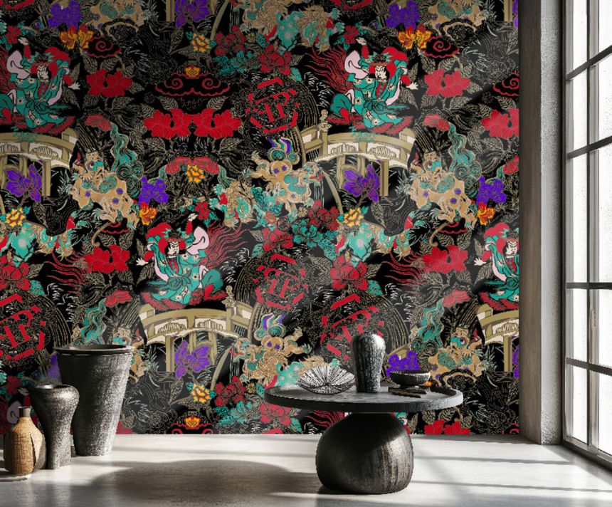 Obrazová tapeta, čierna, červená, postavy, kvety, Z81079, 2x3 m, Philipp Plein 2, Zambaiti Parati